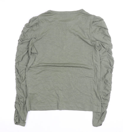 Whistles Womens Green Long Sleeve Ruched Cotton T-Shirt Size S