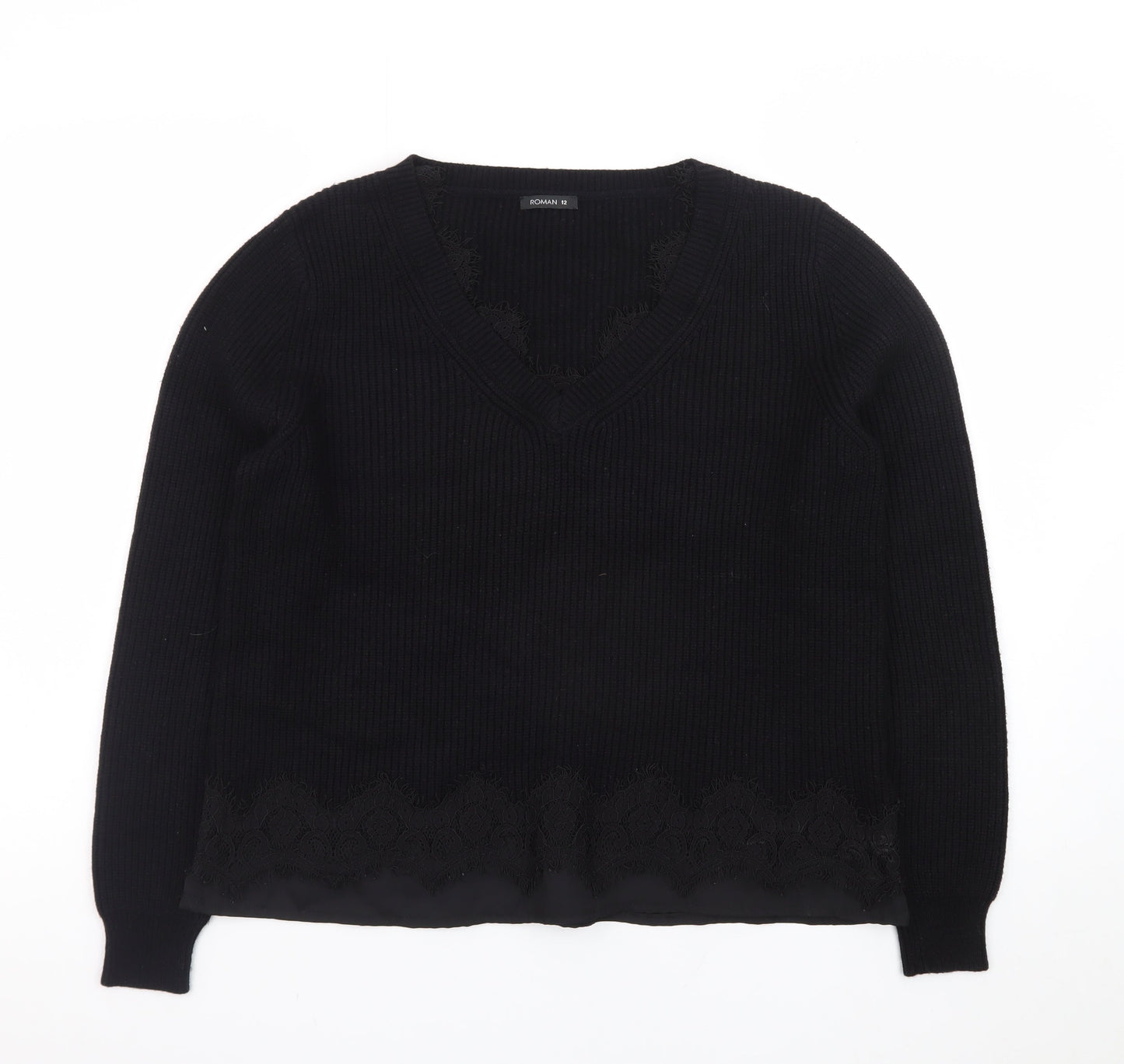 Roman Women Black V-Neck Lace Hem Long Sleeve Pullover Jumper Size 12