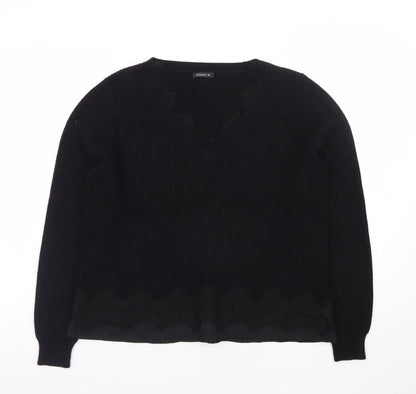 Roman Women Black V-Neck Lace Hem Long Sleeve Pullover Jumper Size 12