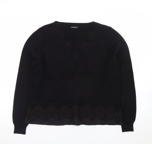 Roman Women Black V-Neck Lace Hem Long Sleeve Pullover Jumper Size 12