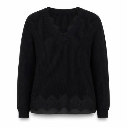 Roman Women Black V-Neck Lace Hem Long Sleeve Pullover Jumper Size 12
