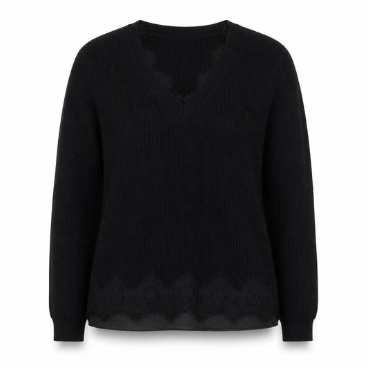Roman Women Black V-Neck Lace Hem Long Sleeve Pullover Jumper Size 12