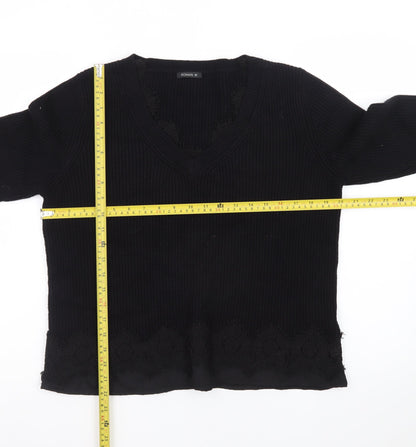 Roman Women Black V-Neck Lace Hem Long Sleeve Pullover Jumper Size 12