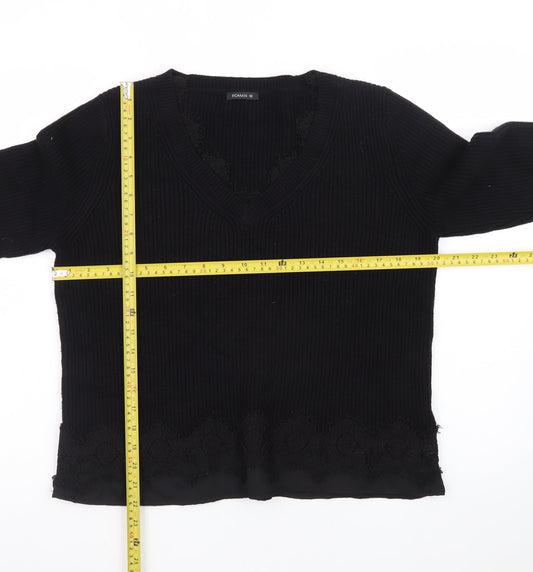 Roman Women Black V-Neck Lace Hem Long Sleeve Pullover Jumper Size 12