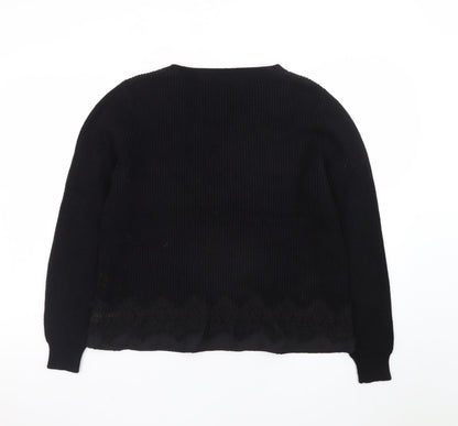 Roman Women Black V-Neck Lace Hem Long Sleeve Pullover Jumper Size 12