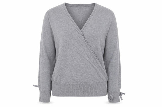 Front view of AbolIria Women's Grey Wrap V-Neck Knit Jumper L