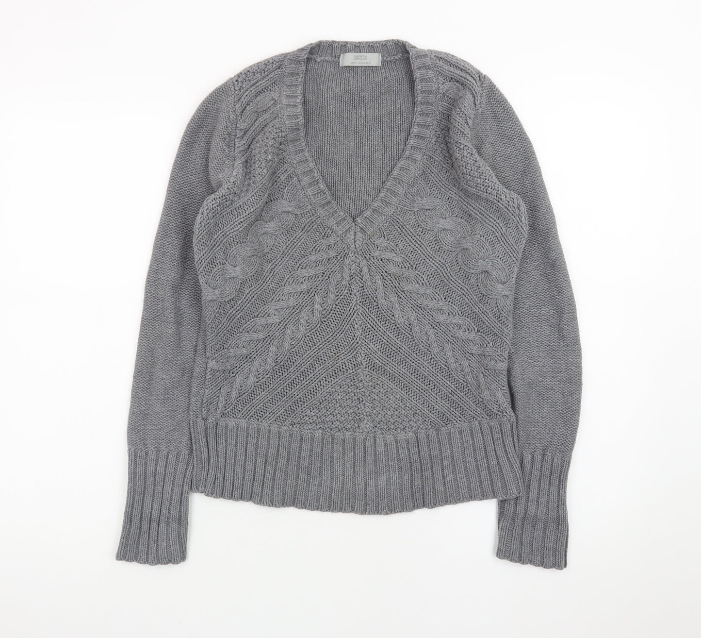 Marks and Spencer Women Grey Size 12 Cable-Knit V-Neck Jumper