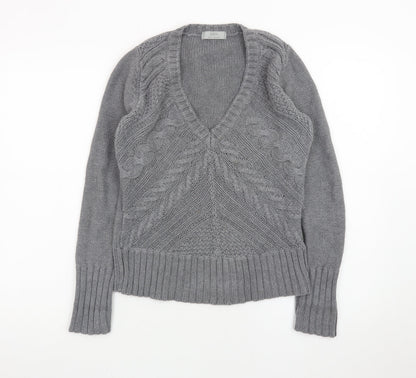 Marks and Spencer Women Grey Size 12 Cable-Knit V-Neck Jumper