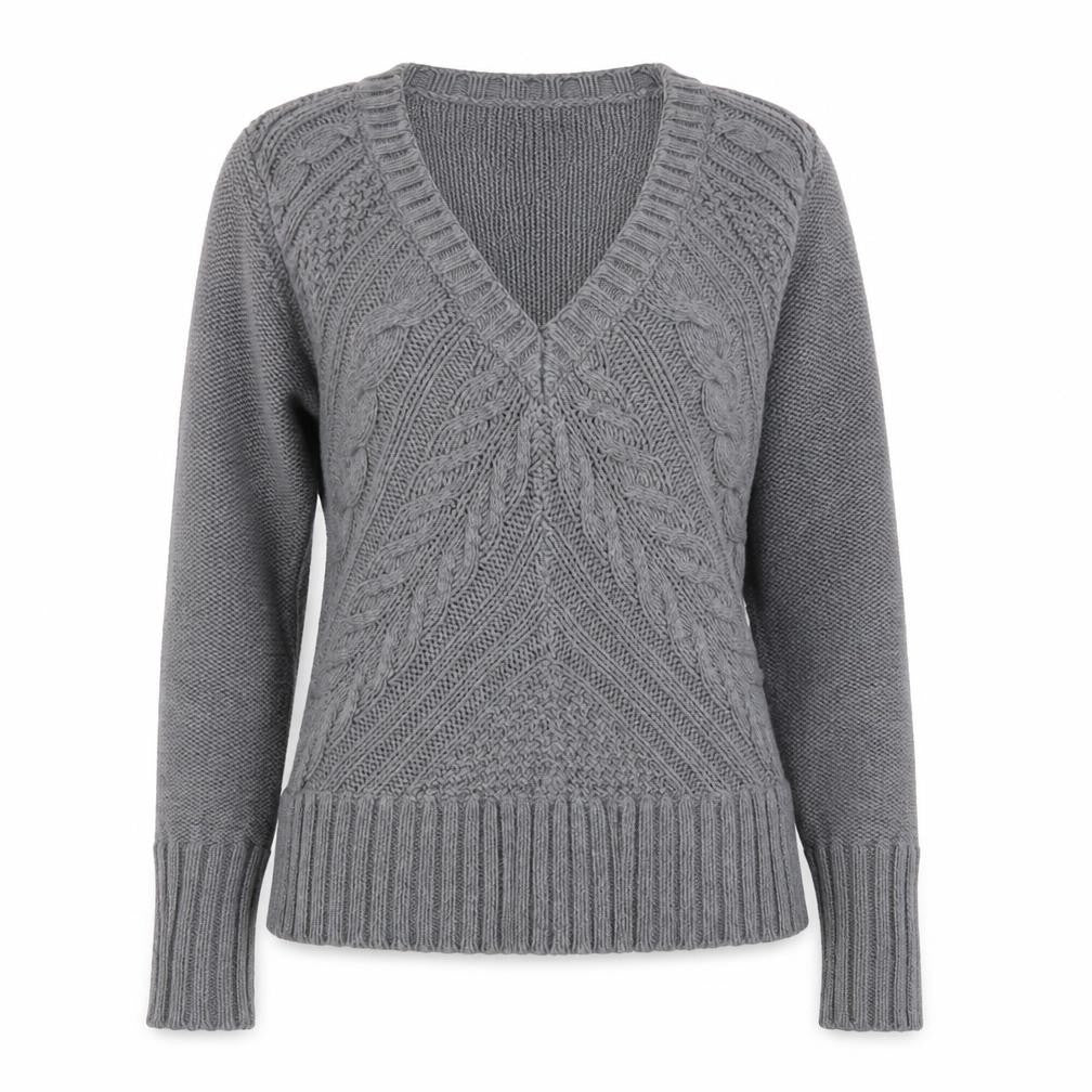 Marks and Spencer Women Grey Size 12 Cable-Knit V-Neck Jumper