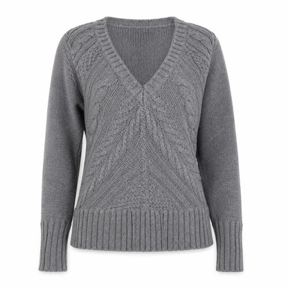 Marks and Spencer Women Grey Size 12 Cable-Knit V-Neck Jumper