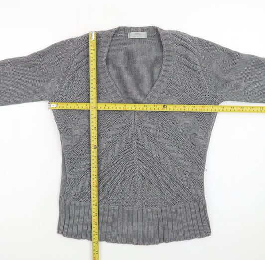 Marks and Spencer Women Grey Size 12 Cable-Knit V-Neck Jumper
