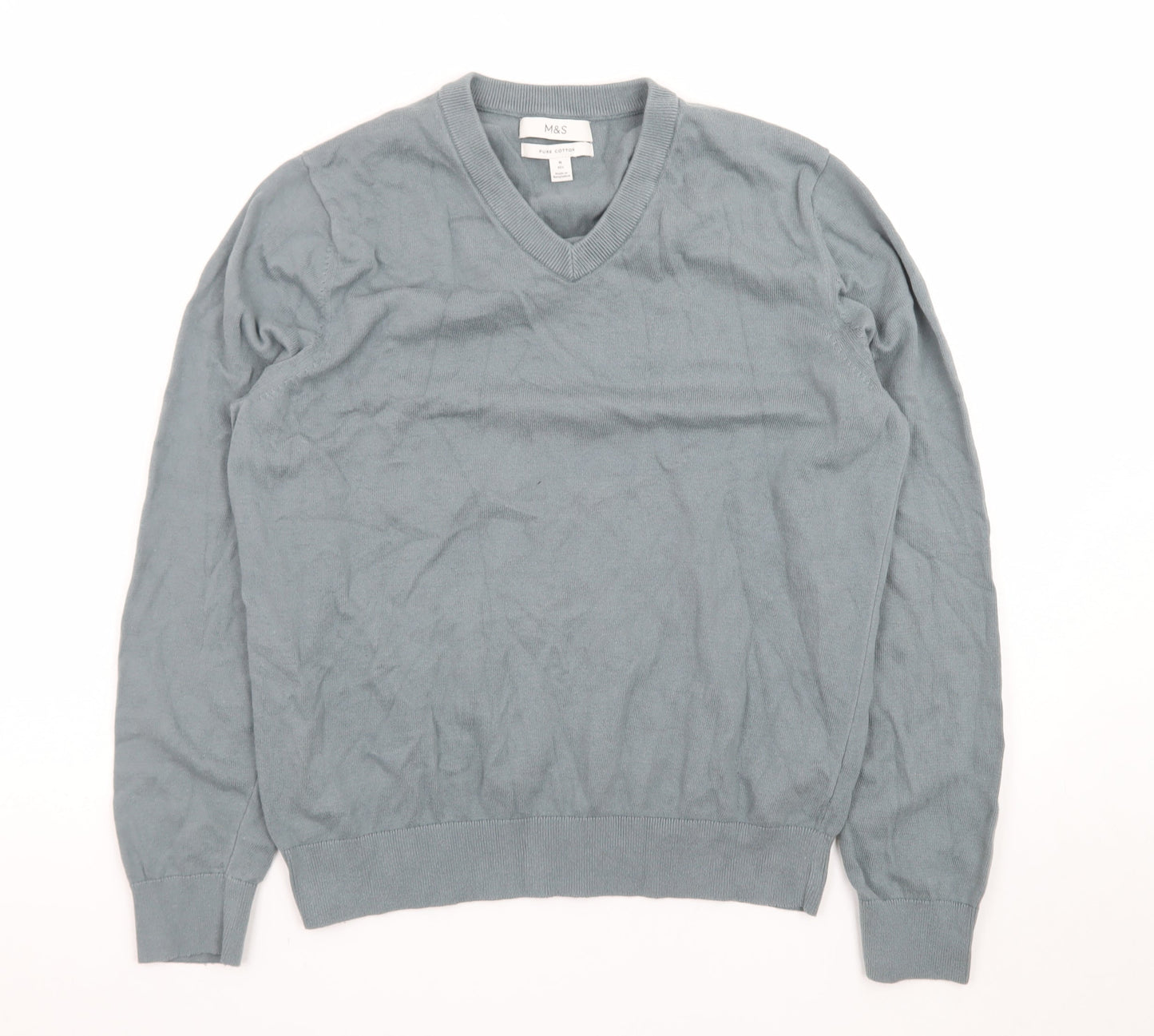 Marks and Spencer Men's Blue V-Neck Cotton Jumper M