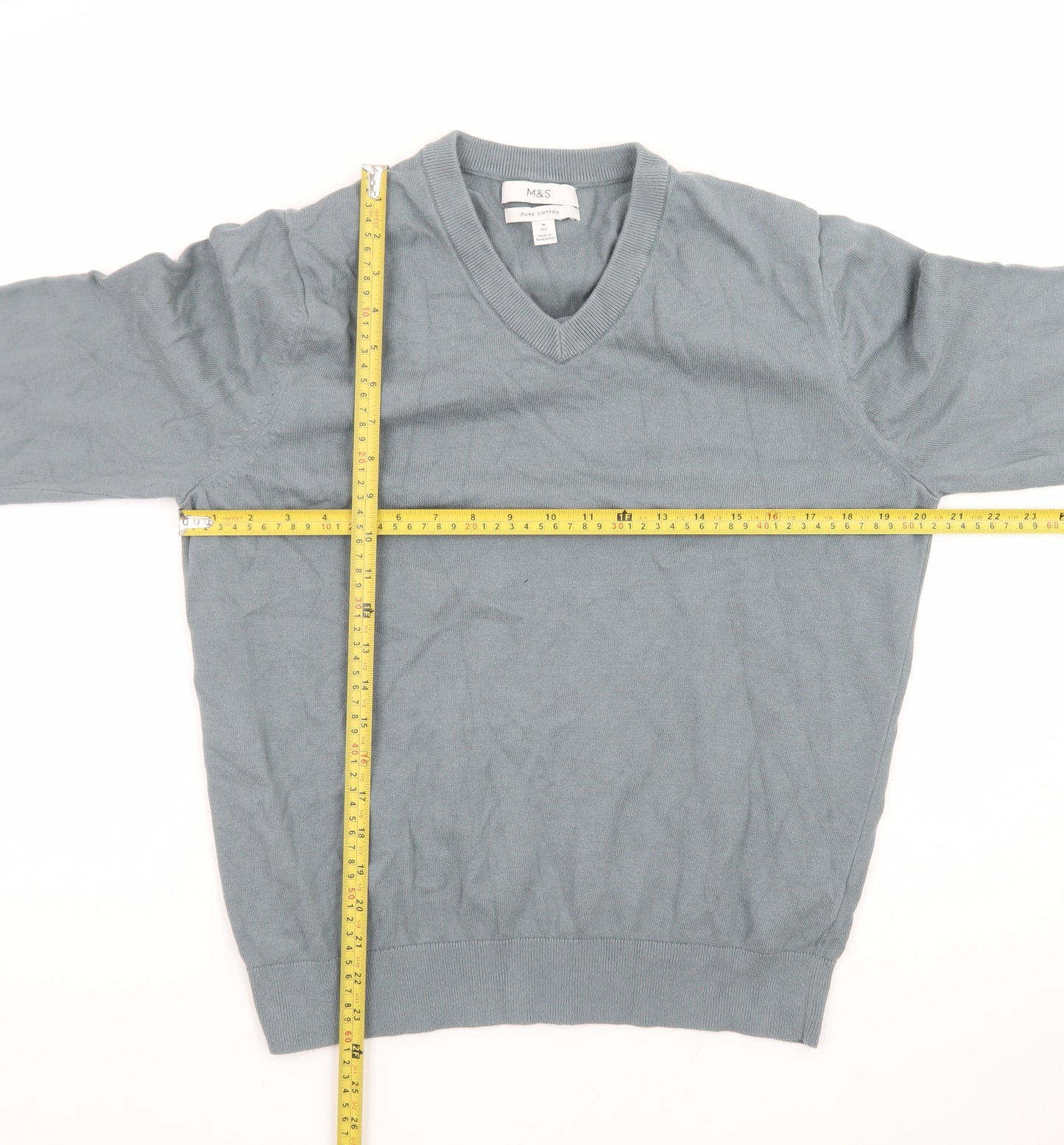 Marks and Spencer Men's Blue V-Neck Cotton Jumper M