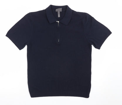 H&M Men's Navy Short Sleeve Slim Fit Polo Shirt Cotton Blend Small