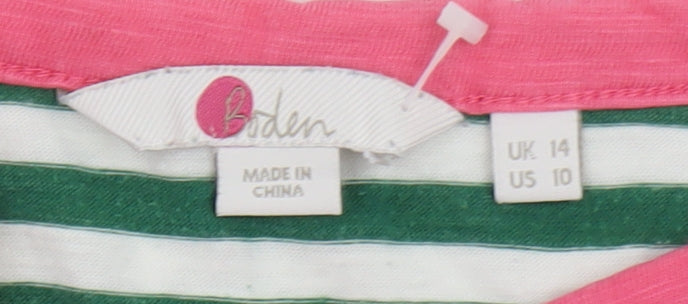Boden Women’s Green White Striped Boat Neck Cotton Top UK 14