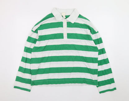 H&M Men's Green White Striped Long Sleeve Polo Shirt Size S
