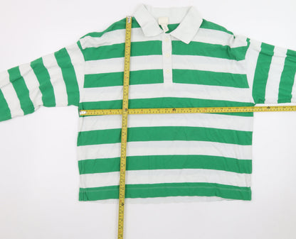 H&M Men's Green White Striped Long Sleeve Polo Shirt Size S