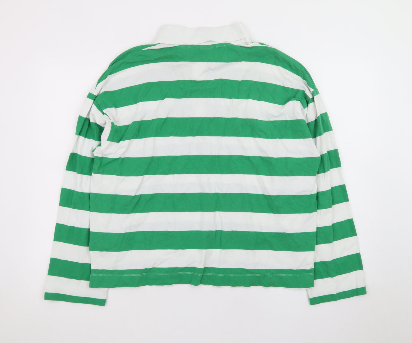 H&M Men's Green White Striped Long Sleeve Polo Shirt Size S