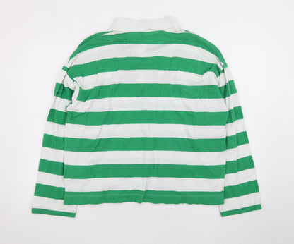 H&M Men's Green White Striped Long Sleeve Polo Shirt Size S