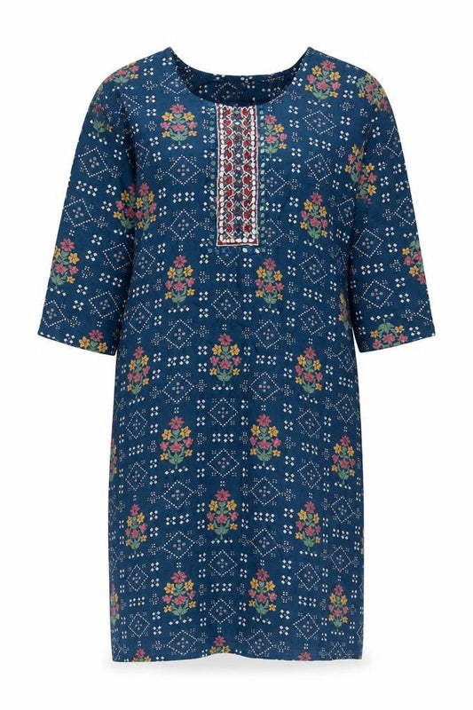 Front view of Color Women Blue Floral Embroidered Shift Dress XL
