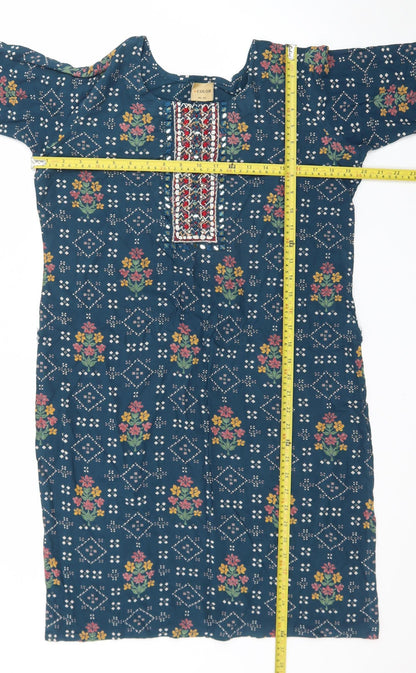 +Color Women Blue Floral Embroidered Shift Dress XL