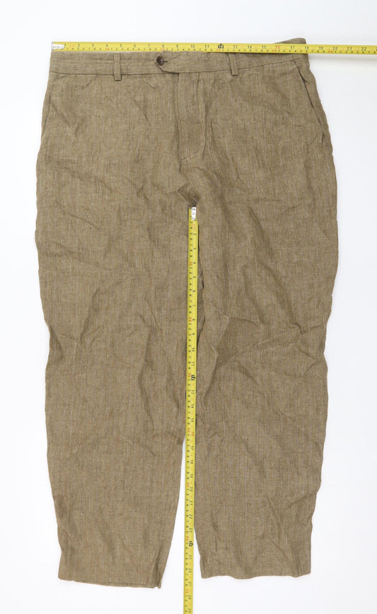 Zara Men Beige Linen Chino Trousers Size 36 Regular Fit