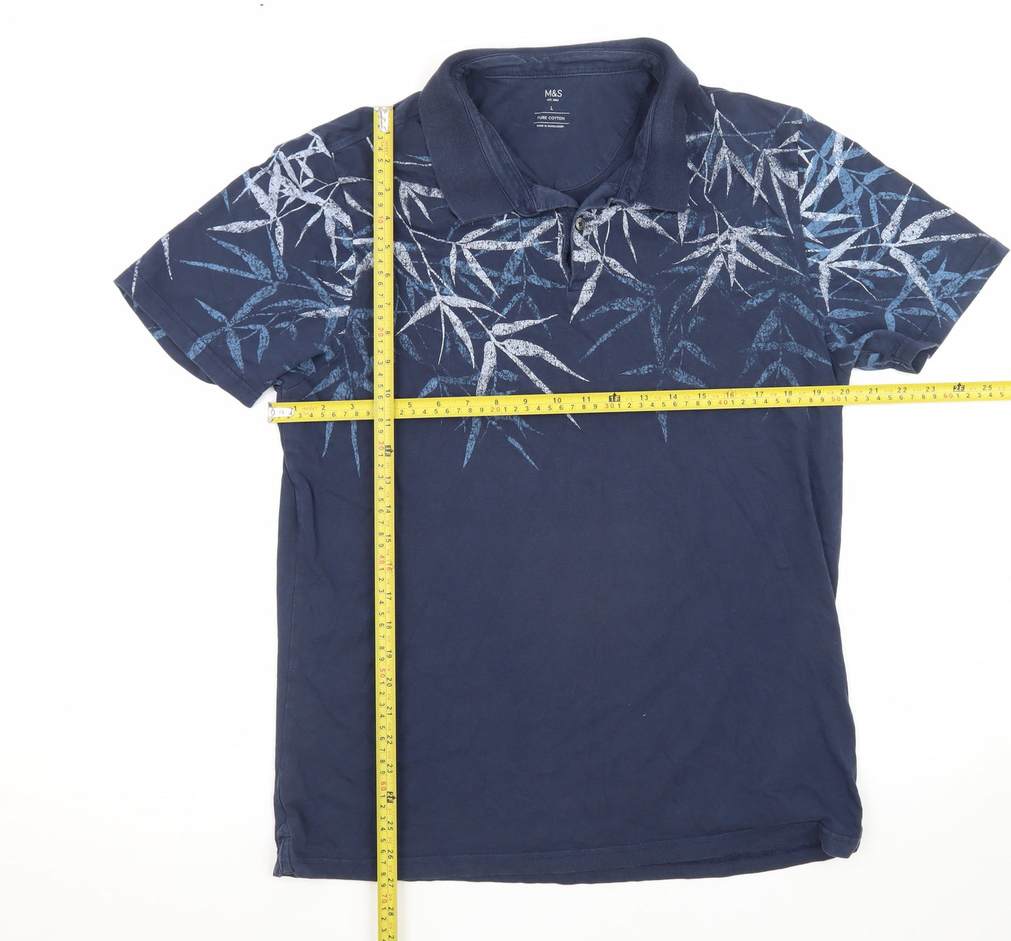 Marks and Spencer Men's Blue Floral Print Cotton Polo Shirt L
