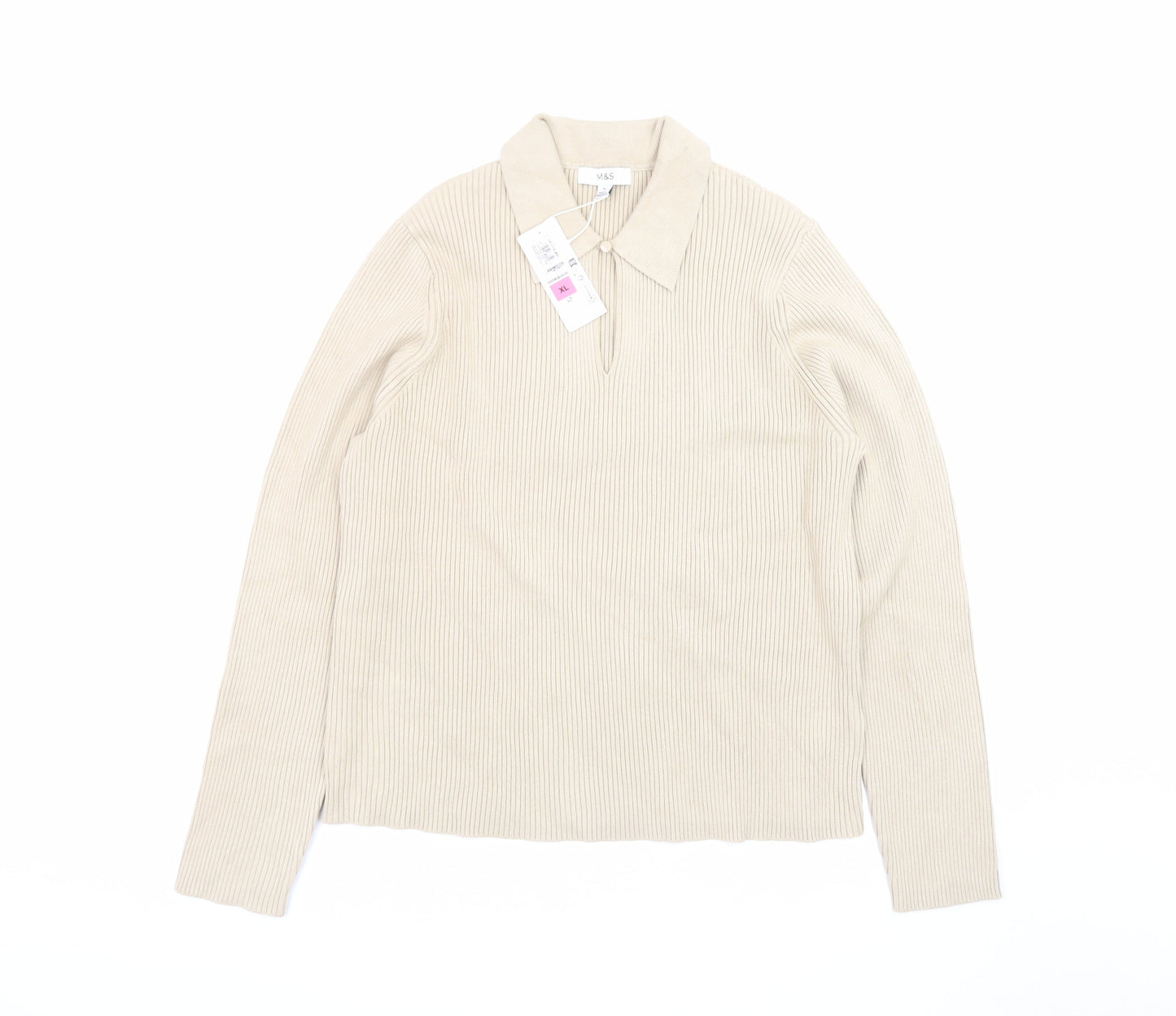 Marks and Spencer Men Beige XL Collared Knit Pullover Jumper