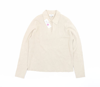 Marks and Spencer Men Beige XL Collared Knit Pullover Jumper
