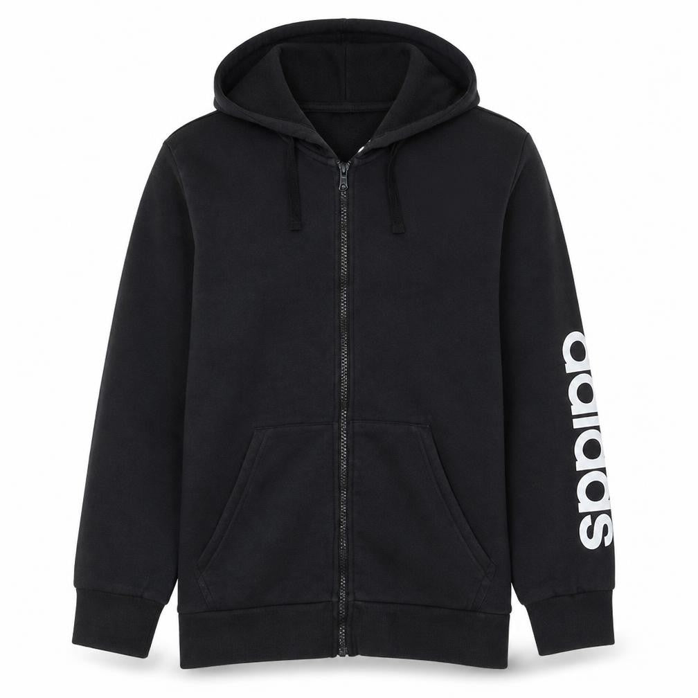 Front view of adidas Men's Black Full Zip Hoodie, size M, Sports Fleece