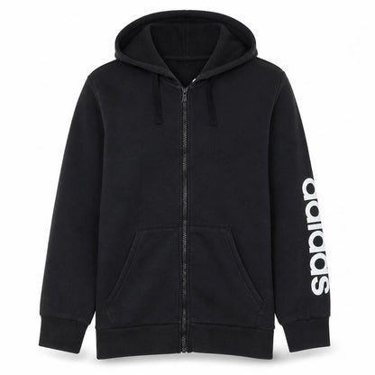 Front view of adidas Men's Black Full Zip Hoodie, size M, Sports Fleece