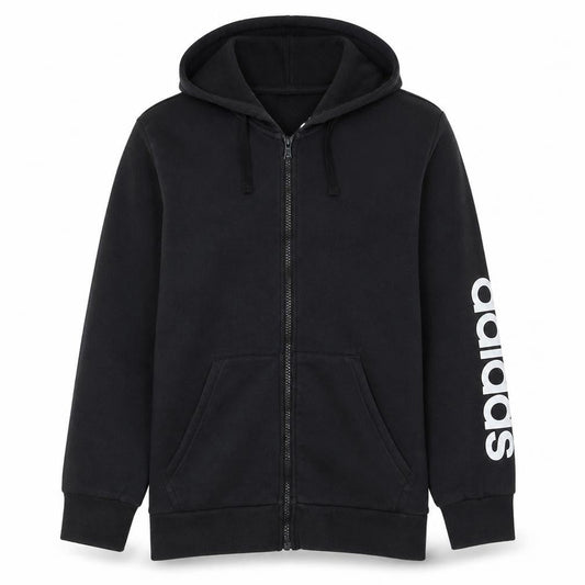 Front view of adidas Men's Black Full Zip Hoodie, size M, Sports Fleece