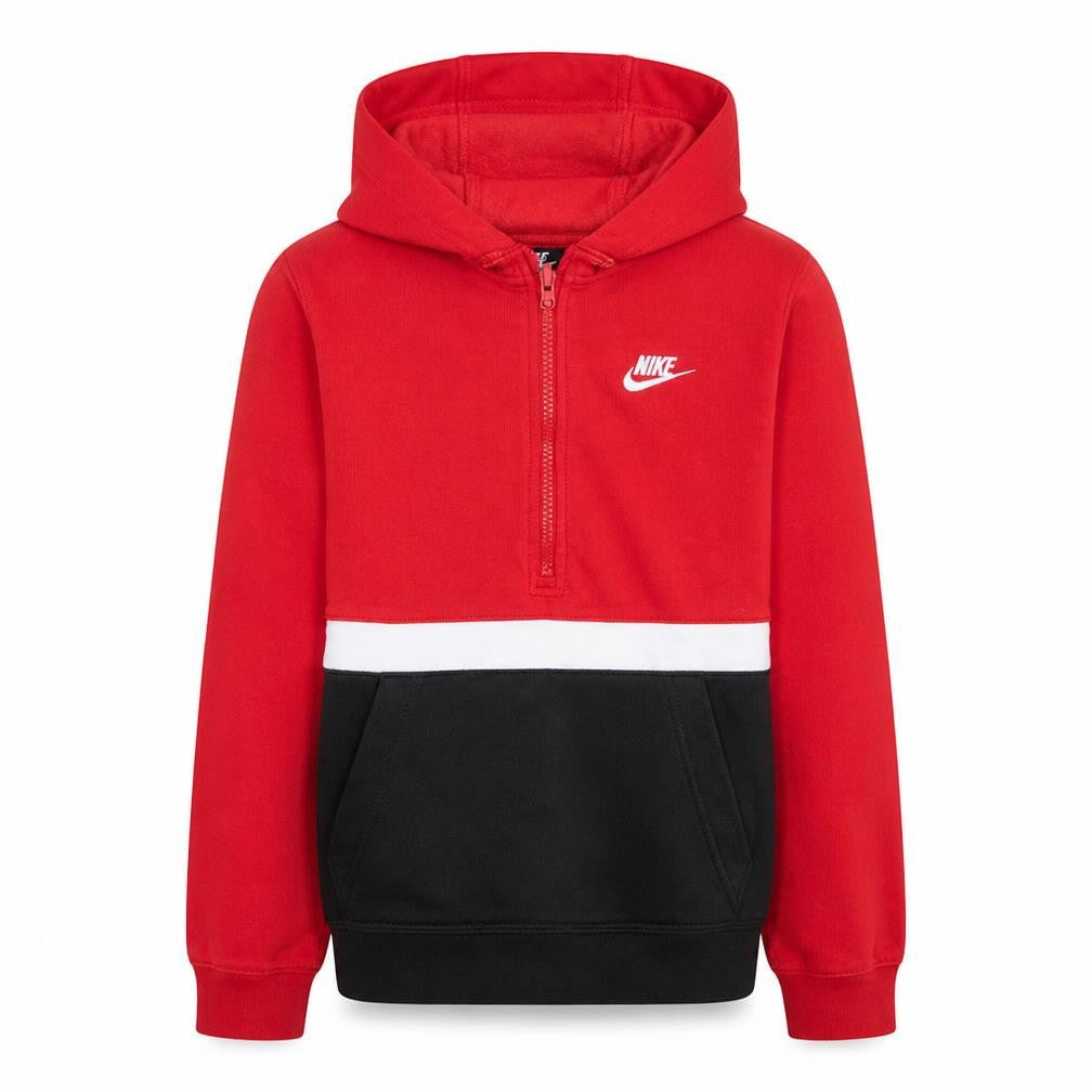 Front view of Nike boys’ red colourblock 1/2 zip hoodie xl 158 fleece sweatshirt