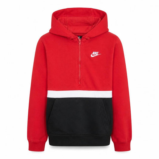 Front view of Nike boys’ red colourblock 1/2 zip hoodie xl 158 fleece sweatshirt