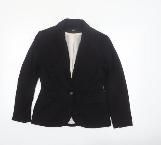 H&M Women Black Tailored Notch Lapel One-Button Blazer UK 12