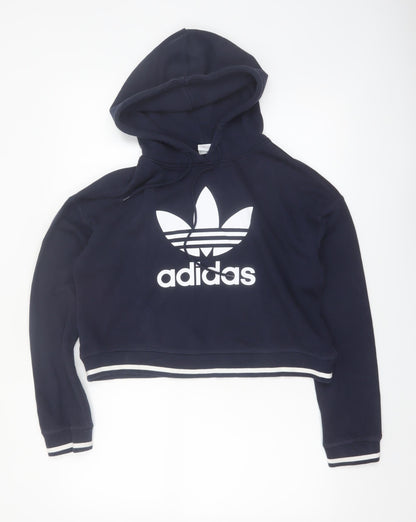 Adidas Women Navy Blue Cropped Pullover Hoodie UK 8 Logo Sportswear