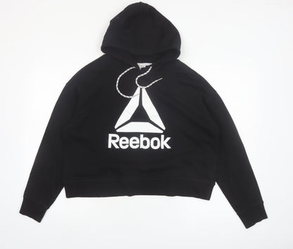 Reebok Womens Black Pullover Hoodie L Cotton Blend Logo Hooded Sweatshirt