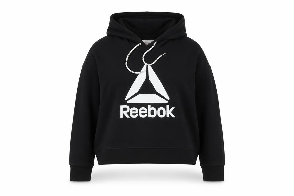 Reebok Womens Black Pullover Hoodie L Cotton Blend Logo Hooded Sweatshirt