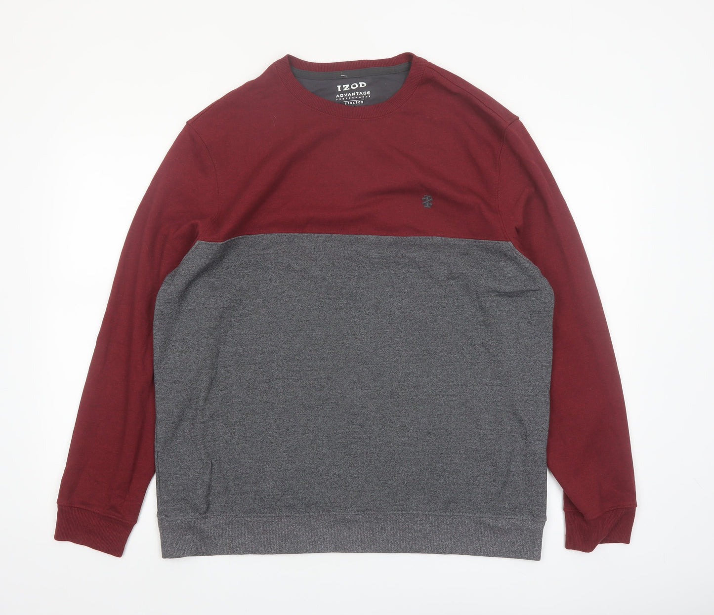 IZOD Mens Grey Burgundy Crew Neck Pullover Sweatshirt L Stretch