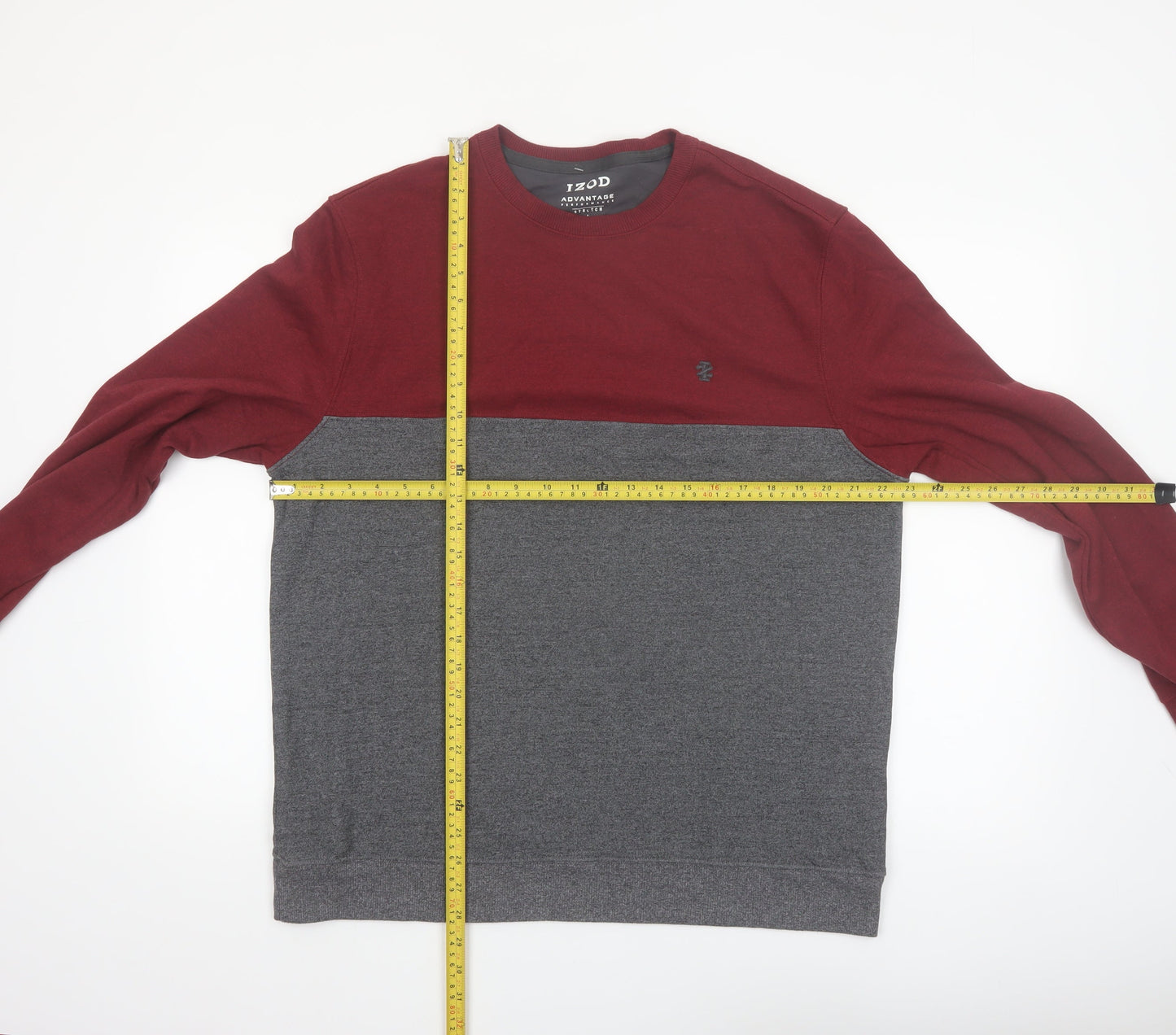 IZOD Mens Grey Burgundy Crew Neck Pullover Sweatshirt L Stretch