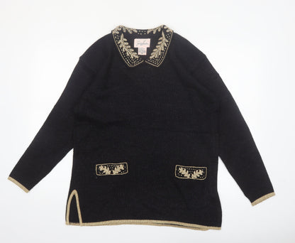 Jaclyn Smith Women Black Collared Embroidered Pullover Jumper M