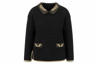 Jaclyn Smith Women Black Collared Embroidered Pullover Jumper M