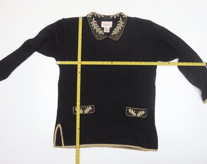 Jaclyn Smith Women Black Collared Embroidered Pullover Jumper M