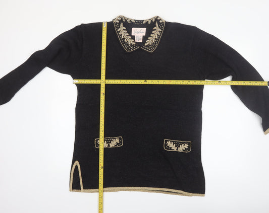 Jaclyn Smith Women Black Collared Embroidered Pullover Jumper M