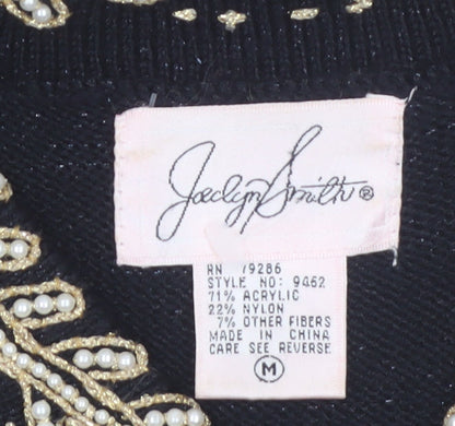 Jaclyn Smith Women Black Collared Embroidered Pullover Jumper M