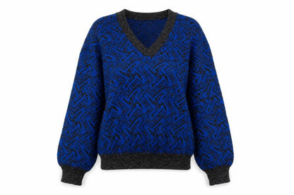 Sears Unisex Blue Geometric Wool Blend V-Neck Jumper M