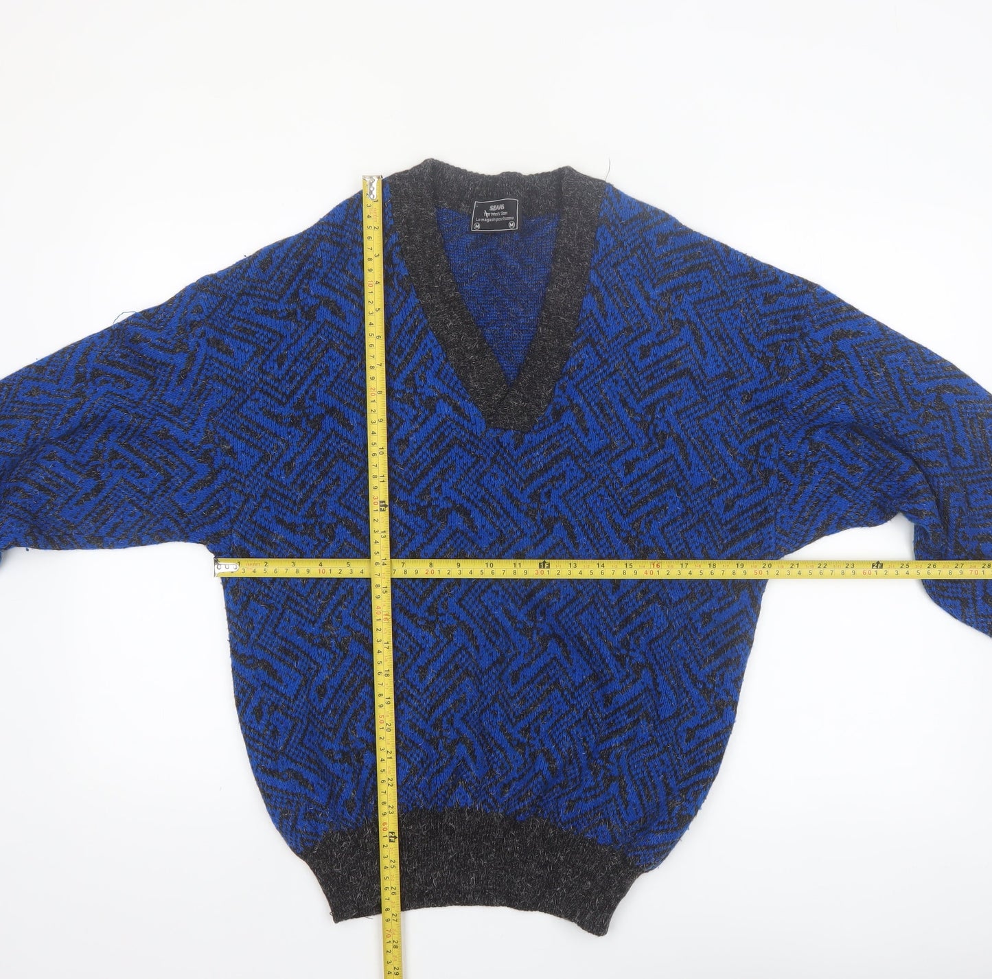 Sears Unisex Blue Geometric Wool Blend V-Neck Jumper M