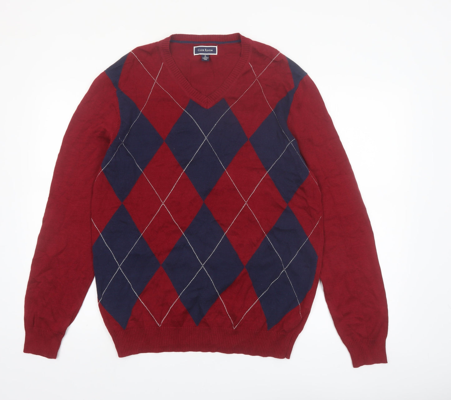 Club Room Men's Red Argyle V-Neck Cotton Jumper Size M