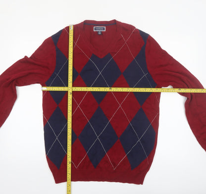 Club Room Men's Red Argyle V-Neck Cotton Jumper Size M