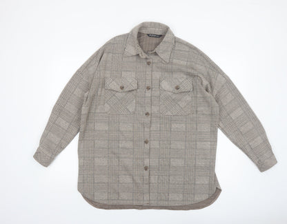 Stradivarius Women's Brown Check Tweed Button Jacket Size 8